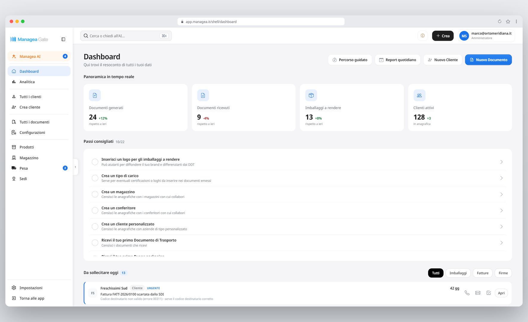 Anteprima della demo di Managea Gate: la dashboard con documenti, imballaggi a rendere e clienti